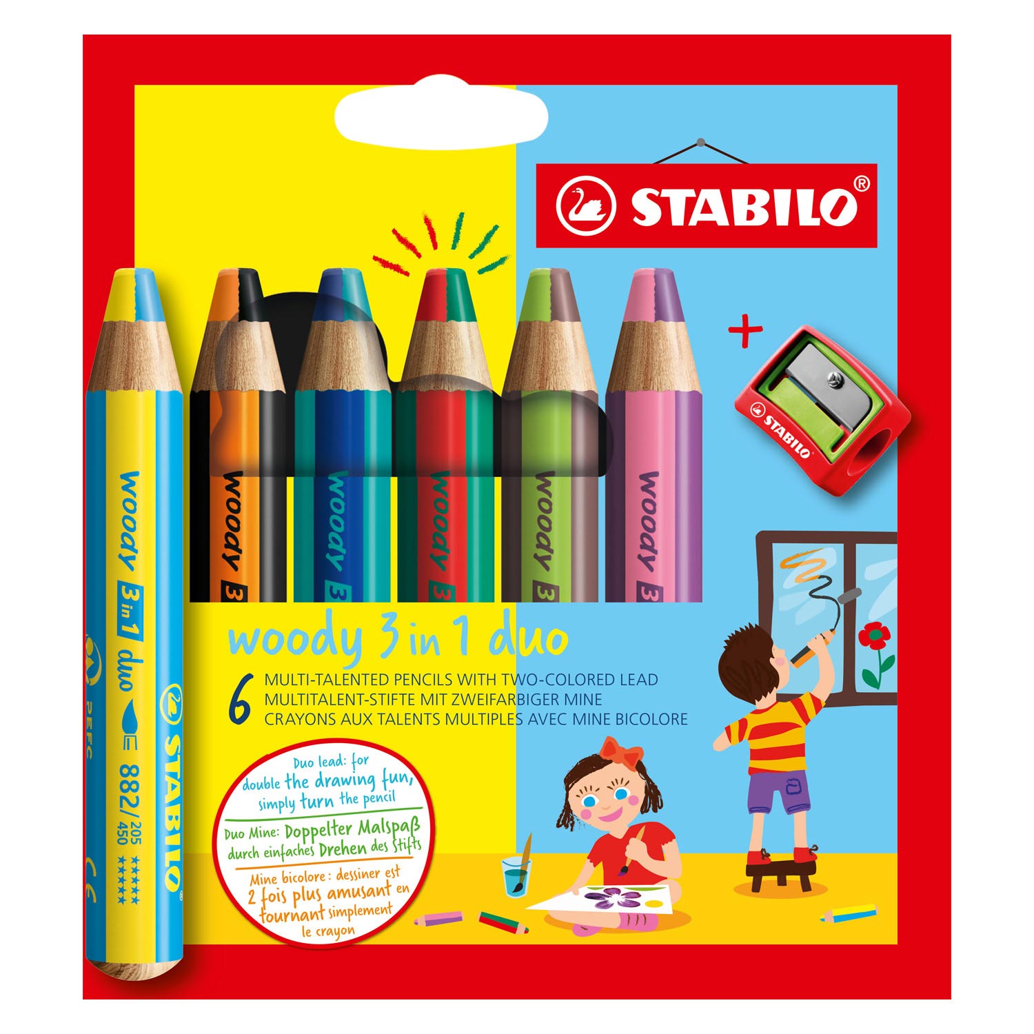 STABILO woody 3 in 1 Duo – Multitalent-Buntstift – Set 6-tlg. + Bleistiftspitzer