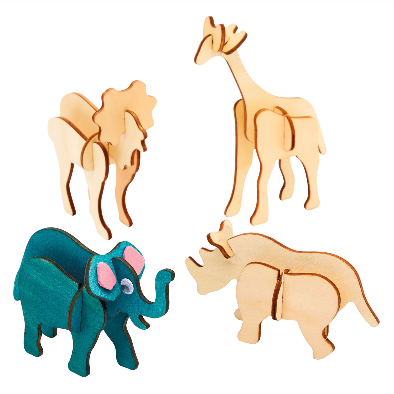 Colorations - Maak en Versier je Houten 3D Puzzel Jungledieren, Set van 4
