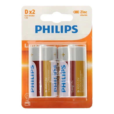 Philips Batterie longue durée Zinc D/R20, 2 pièces