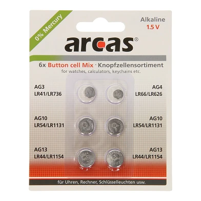 ARCAS Alkaline-Knopfzellenbatterien, 6 Stück.
