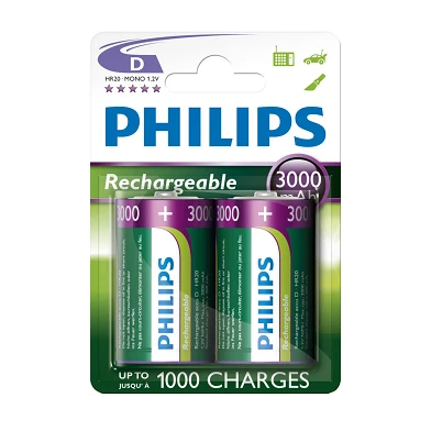 Piles rechargeables Philips rechargeables NimH D/HR20 3000mah, 2 pièces.