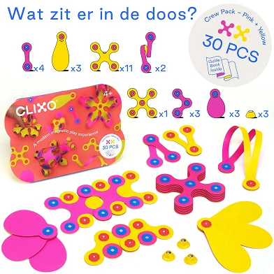 Clixo Magnetisches Konstruktionsspielzeug Crew Pack Pink/Gelb, 30 Stück.