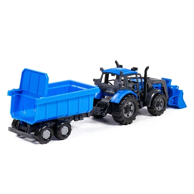Tracteur Cavallino avec chargeur et remorque benne basculante bleu, échelle 1:32