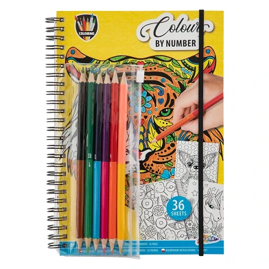 Livre de coloriage couleur par numéro avec des crayons de couleur.