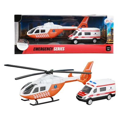 Hélicoptère de traumatologie métallique et ambulance orange