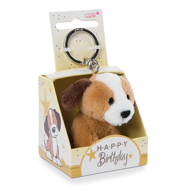 Nici Porte-clés en peluche chien Joyeux anniversaire dans une boîte cadeau, 6 cm