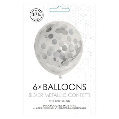 Konfetti-Luftballons, Papierkonfetti, Metallic-Silber, 30 cm, 6 Stück.