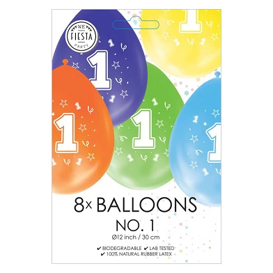 Ballons imprimés recto-verso numéro 1, 8 pcs.