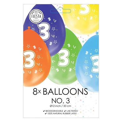 Luftballons 2-seitig bedruckt Zahl 3, 8 Stück