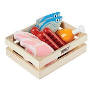 Tidlo Nourriture de jeu en bois Viande et poisson dans une boîte, 8 pièces.