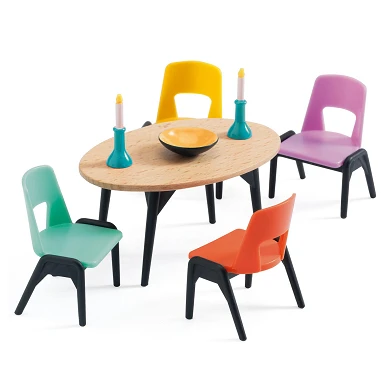 Djeco Puppenhaus-Esszimmertisch mit Stühlen