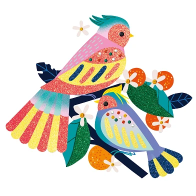 Djeco dekoriert Vögel mit Pailletten