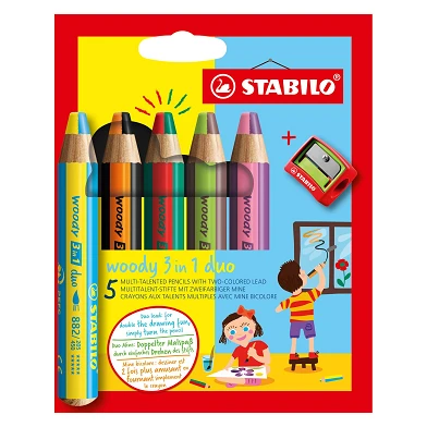 STABILO woody 3 en 1 Duo - Crayons de couleur aux multiples talents - Set 5 Pièces + Taille-Crayon