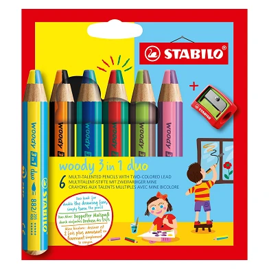 STABILO woody 3 en 1 Duo - Crayons de couleur aux multiples talents - Set 6 Pièces + Taille-Crayon