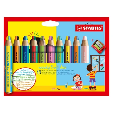 STABILO woody 3 en 1 Duo - Crayons de couleur aux multiples talents - Set 10 Pièces + Taille-Crayon