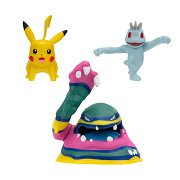 Ensemble de figurines Pokémon Batte - Machop, Pikachu, Alolan Muk, 3 pièces.