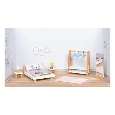 Chambre à coucher de meubles de poupée en bois Goki , 18 pièces.