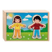 Goki Puzzle d'habillage en bois garçon et fille dans une boîte en bois, 36 pièces.