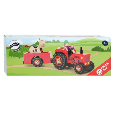Small Foot - Tracteur en bois avec remorque rouge et figurines de jeu, 4dlg.