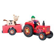 Small Foot - Tracteur en bois avec remorque rouge et figurines de jeu, 4dlg.