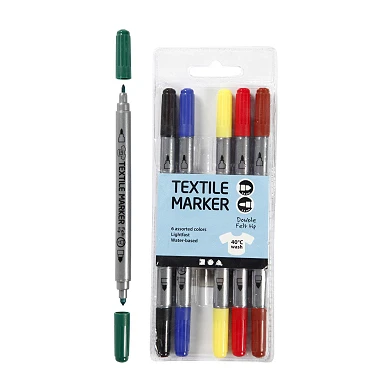 Doppelseitige Textilmarker – Grundfarben, 6 Stück.