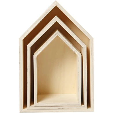 Holzhäuser mit Aufhängehaken, 3 Stück.