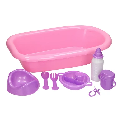 Baignoire bébé violette avec accessoires, 8 pièces.
