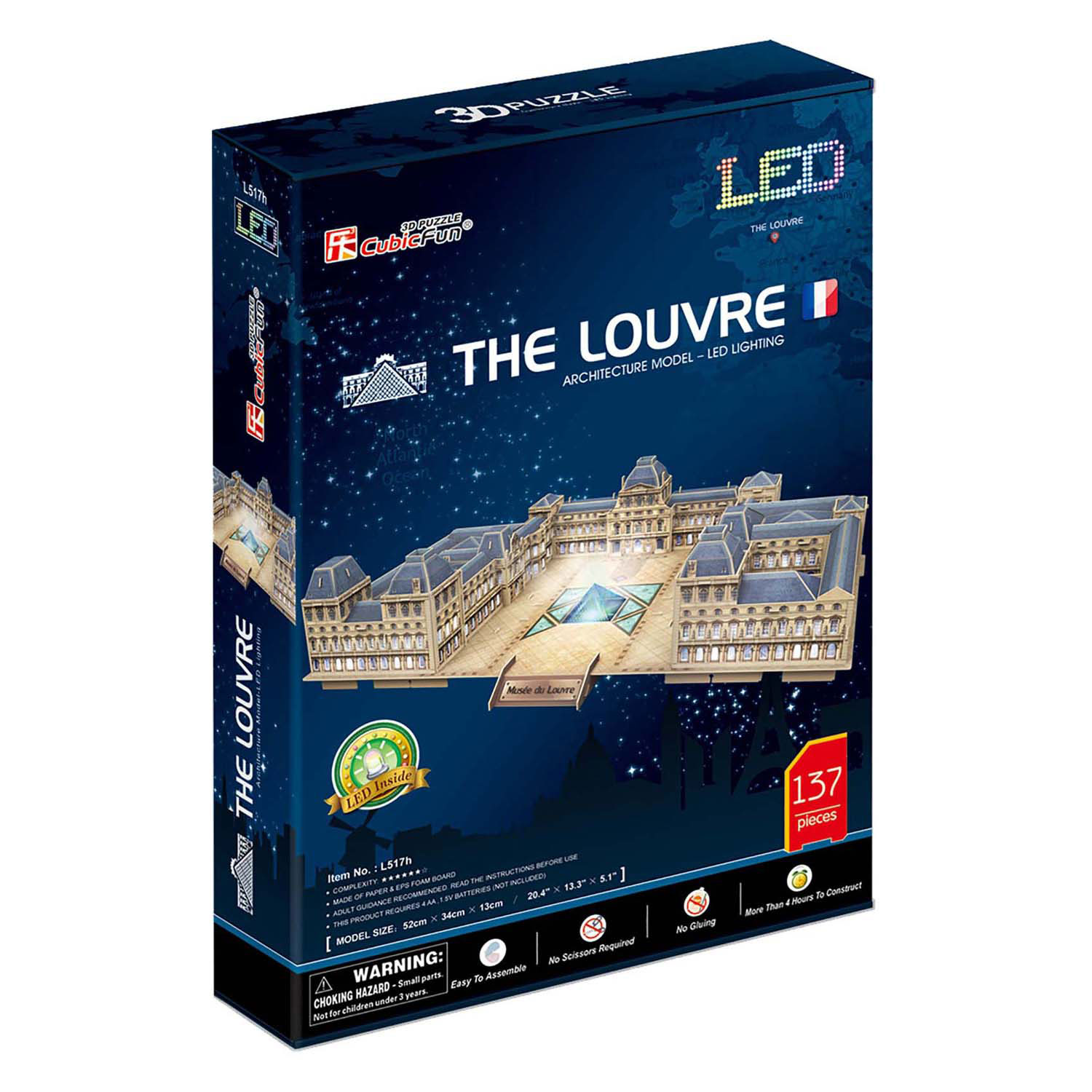 Puzzle 3D cubique amusant Le Louvre avec éclairage LED