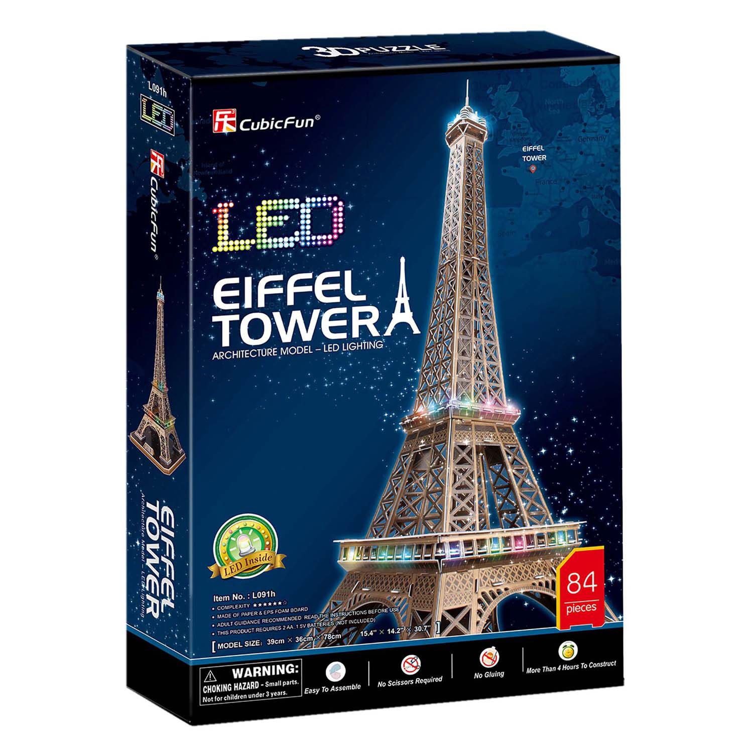 Puzzle 3D cubique amusant Tour Eiffel avec éclairage LED