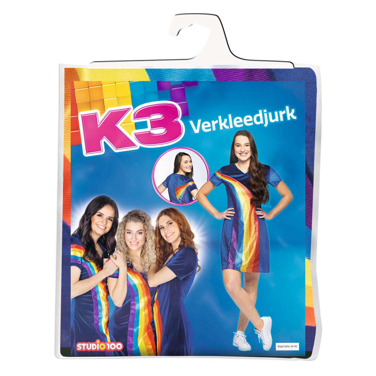 K3 Verkleedjurk - Regenboog Blauw - Volwassen Maat 38-40