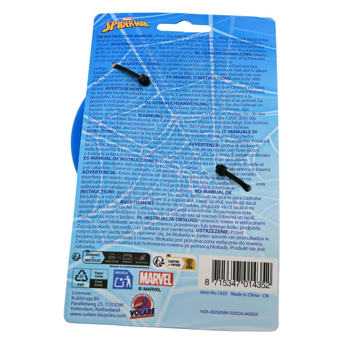 Antivol de vélo Spiderman 12 mm - 65 cm de long