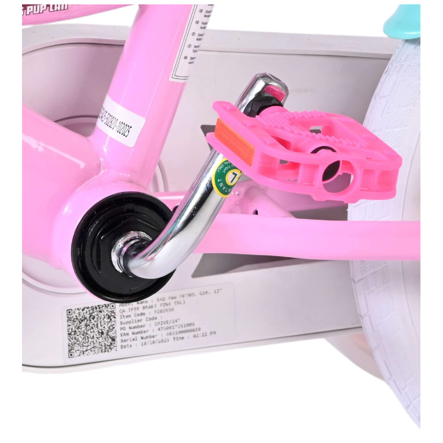 Paw Patrol Fiets - 12 inch - Roze - Twee handremmen