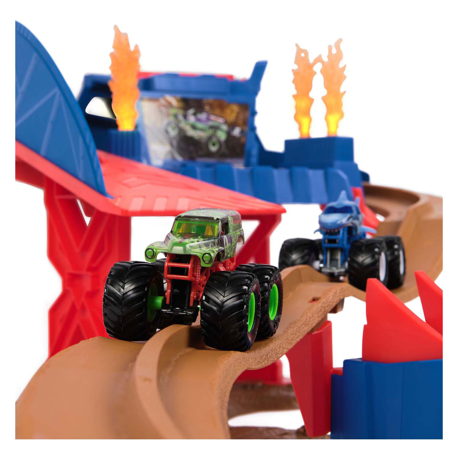 Monster Jam - Coffret de jeu Supercharge Speedway Race Track à l'échelle 1:64