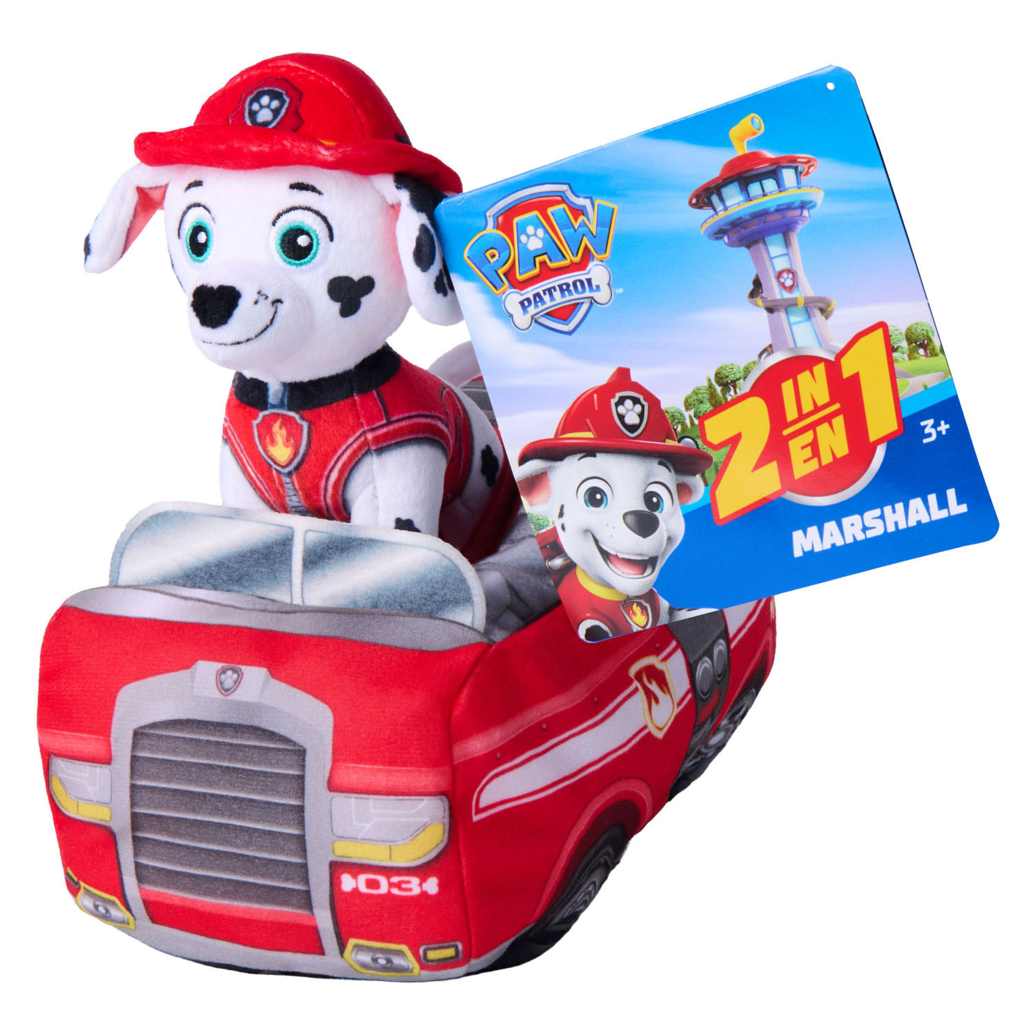 PAW Patrol 2 in 1 Pluche Knuffel Marshall met Voertuig - 15cm