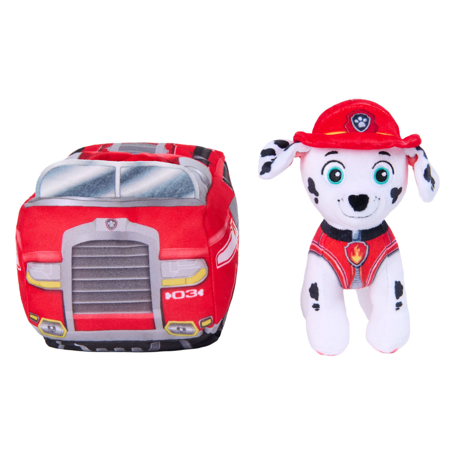 PAW Patrol 2 in 1 Pluche Knuffel Marshall met Voertuig - 15cm