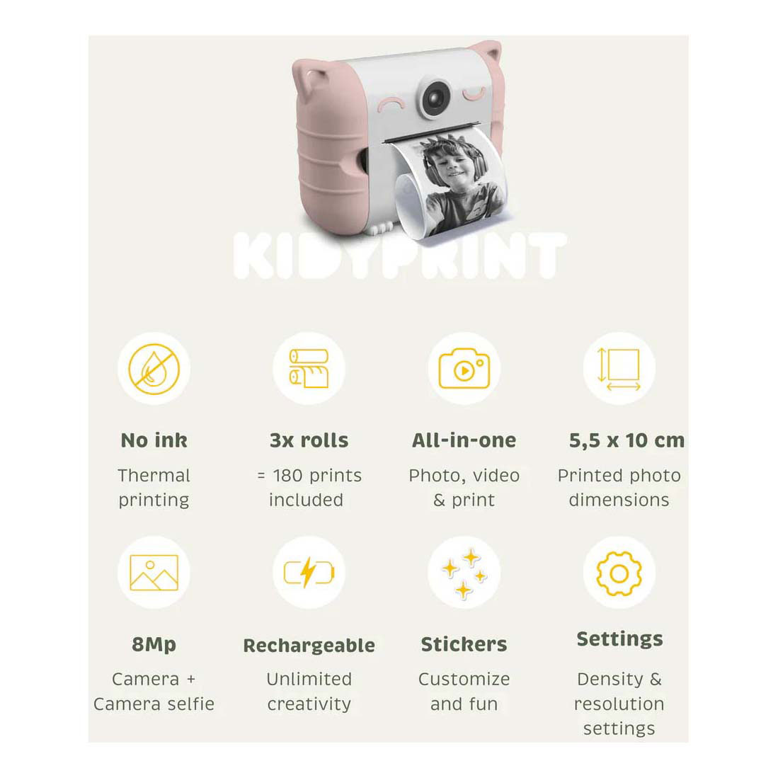 Appareil photo instantané Kidywolf Kidyprint avec imprimante thermique - Rose