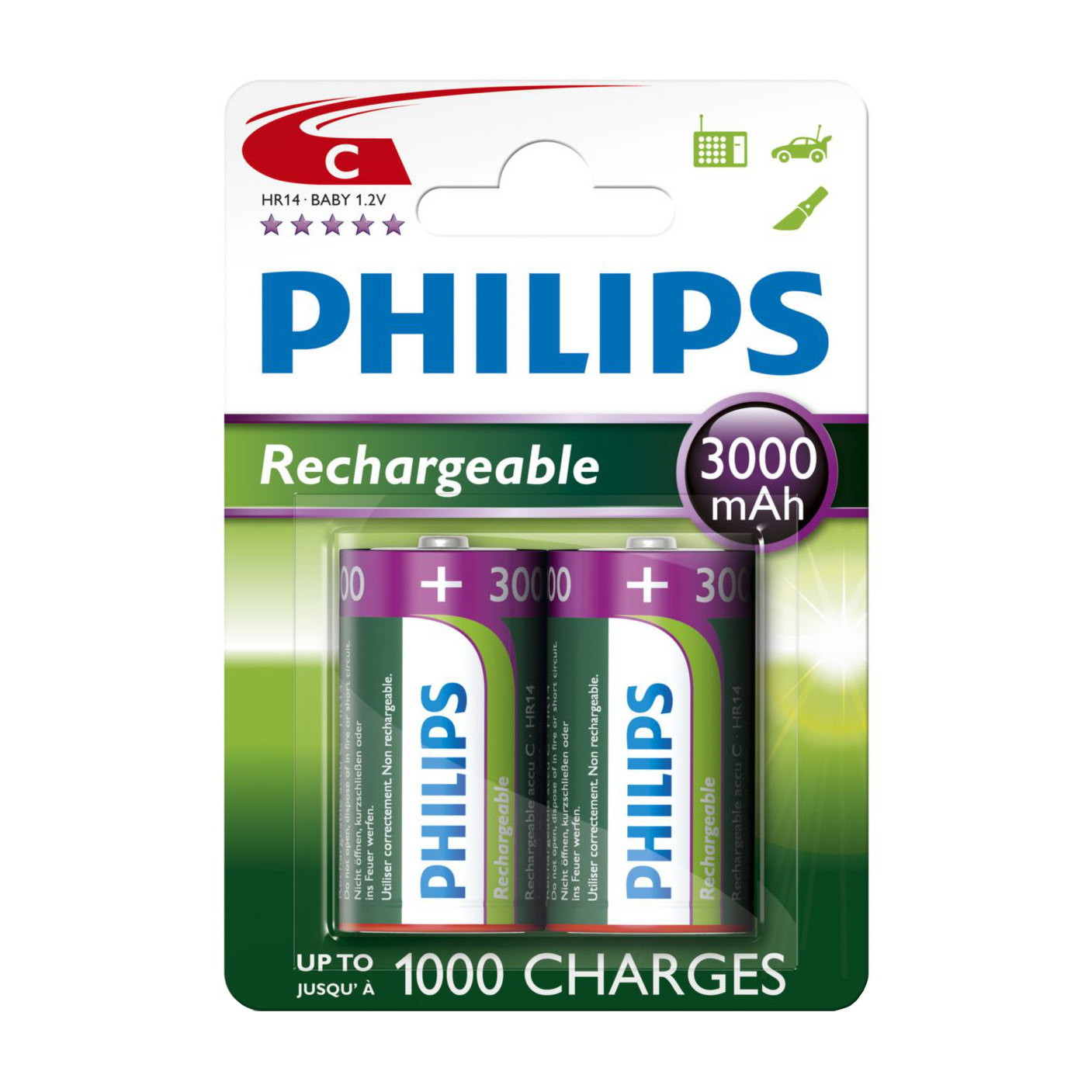 Oplaadbare Batterijen Philips Rechargeable NimH C/HR14 3000mah, 2st.