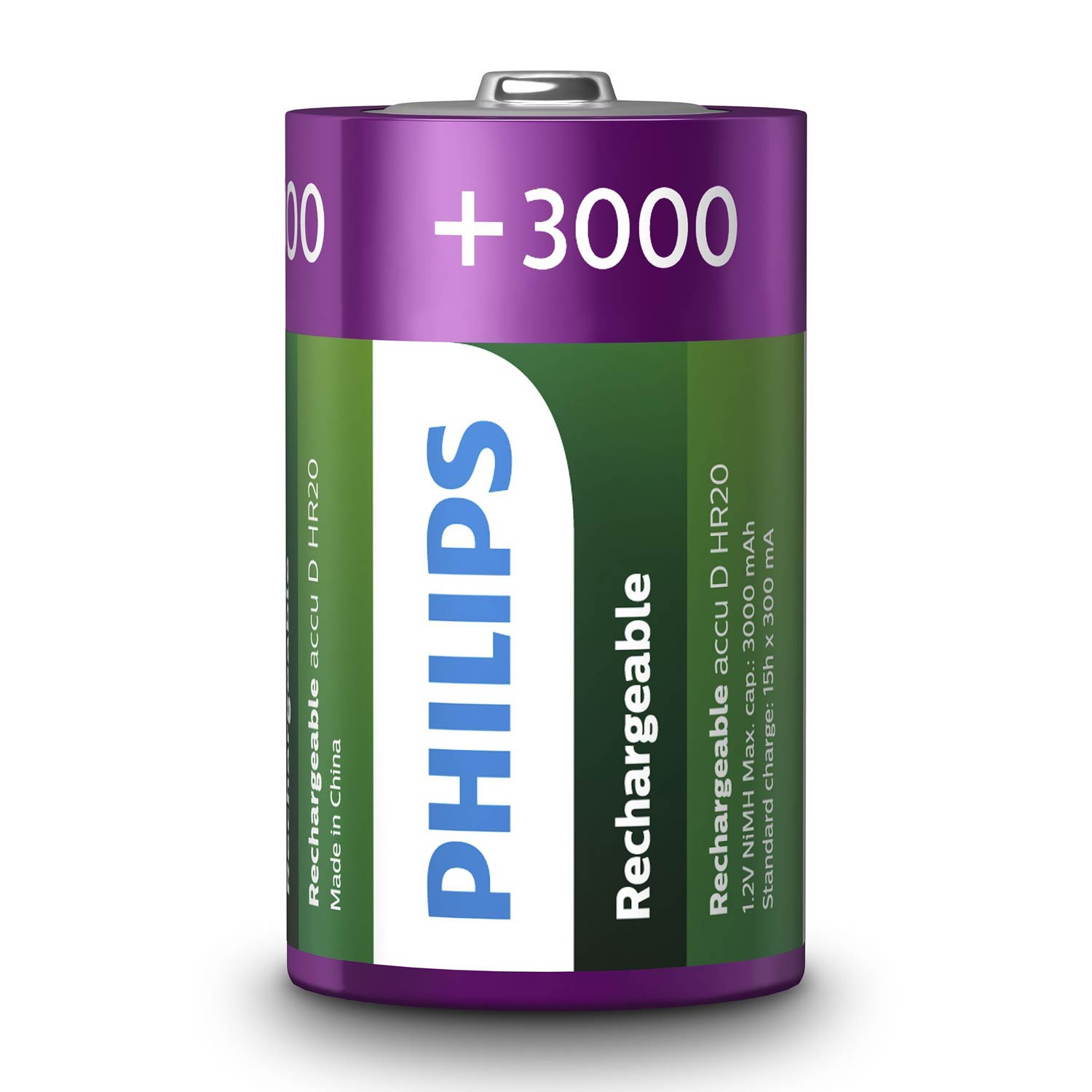 Piles rechargeables Philips rechargeables NimH D/HR20 3000mah, 2 pièces.