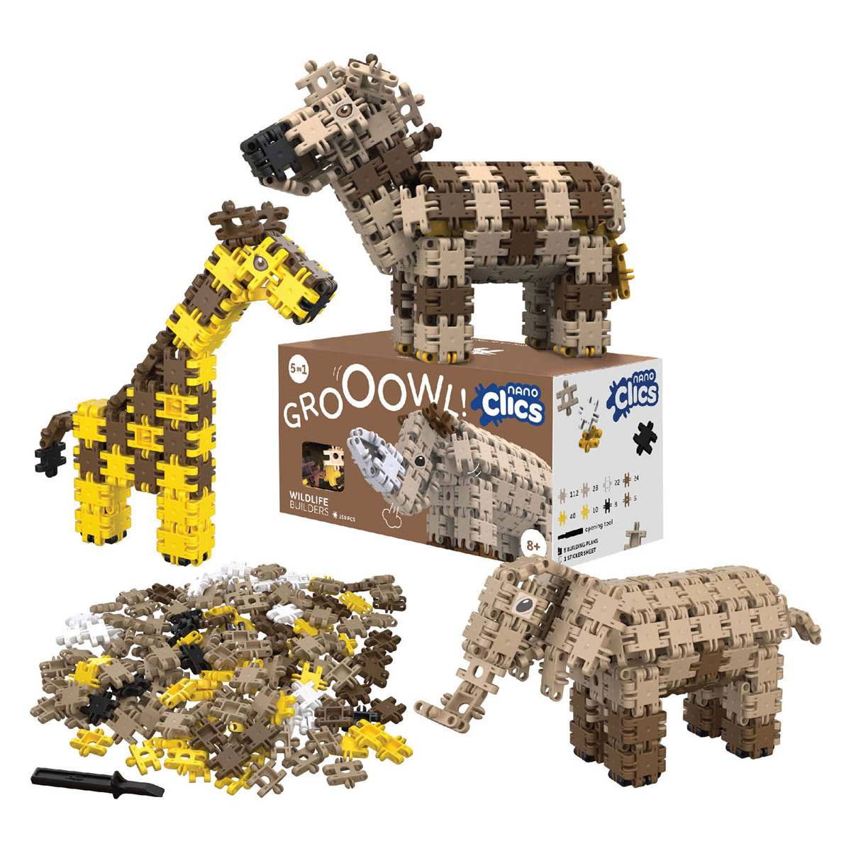 Nano Clics – Wildlife Builders 250 Piece Set – 5 in 1 Bouwblokken – DUURZAAM SPEELGOED Gemaakt Van 100% GERECYCLEERDE Kunststof – Speelgoed 8, 9, 10, 11, 12 jaar – Constructie Spee