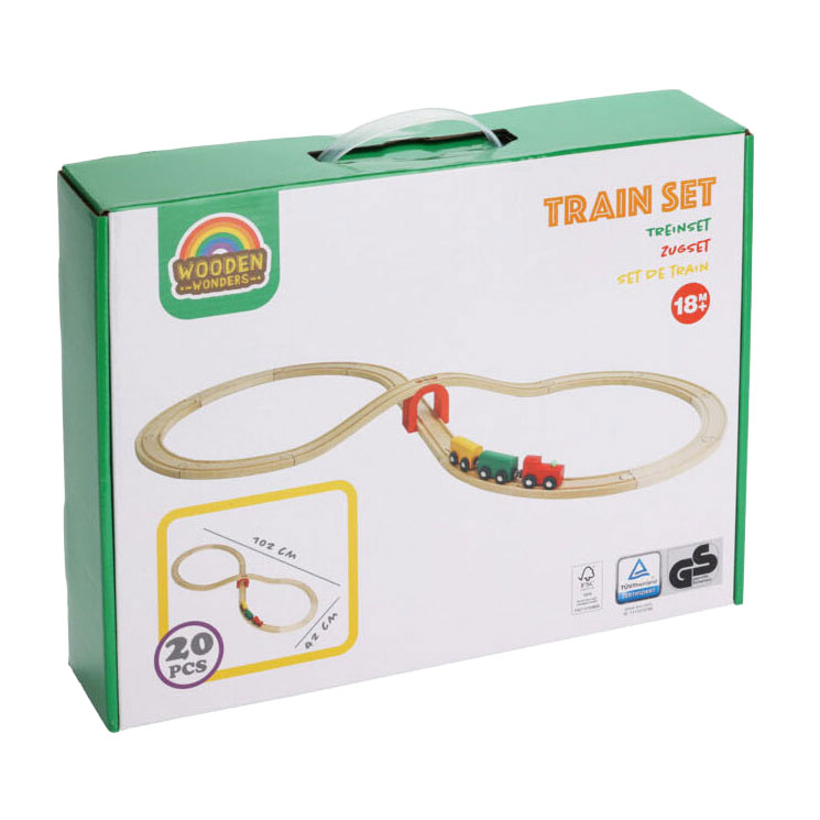 Coffret de train en bois, 20 pièces.