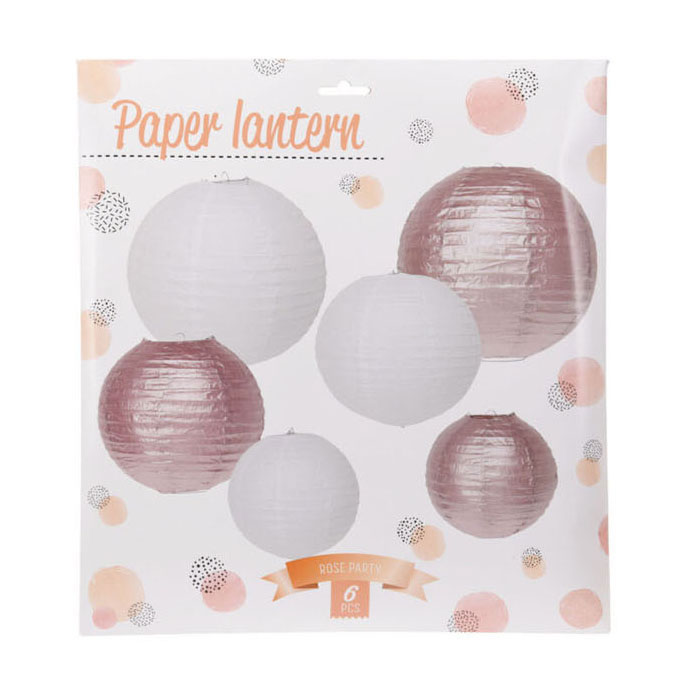 Lampion Papier Rosegoud/Wit, Set van 6