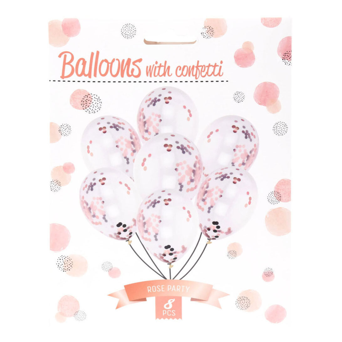 Luftballons mit roségoldenem Konfetti, 8 Stück.