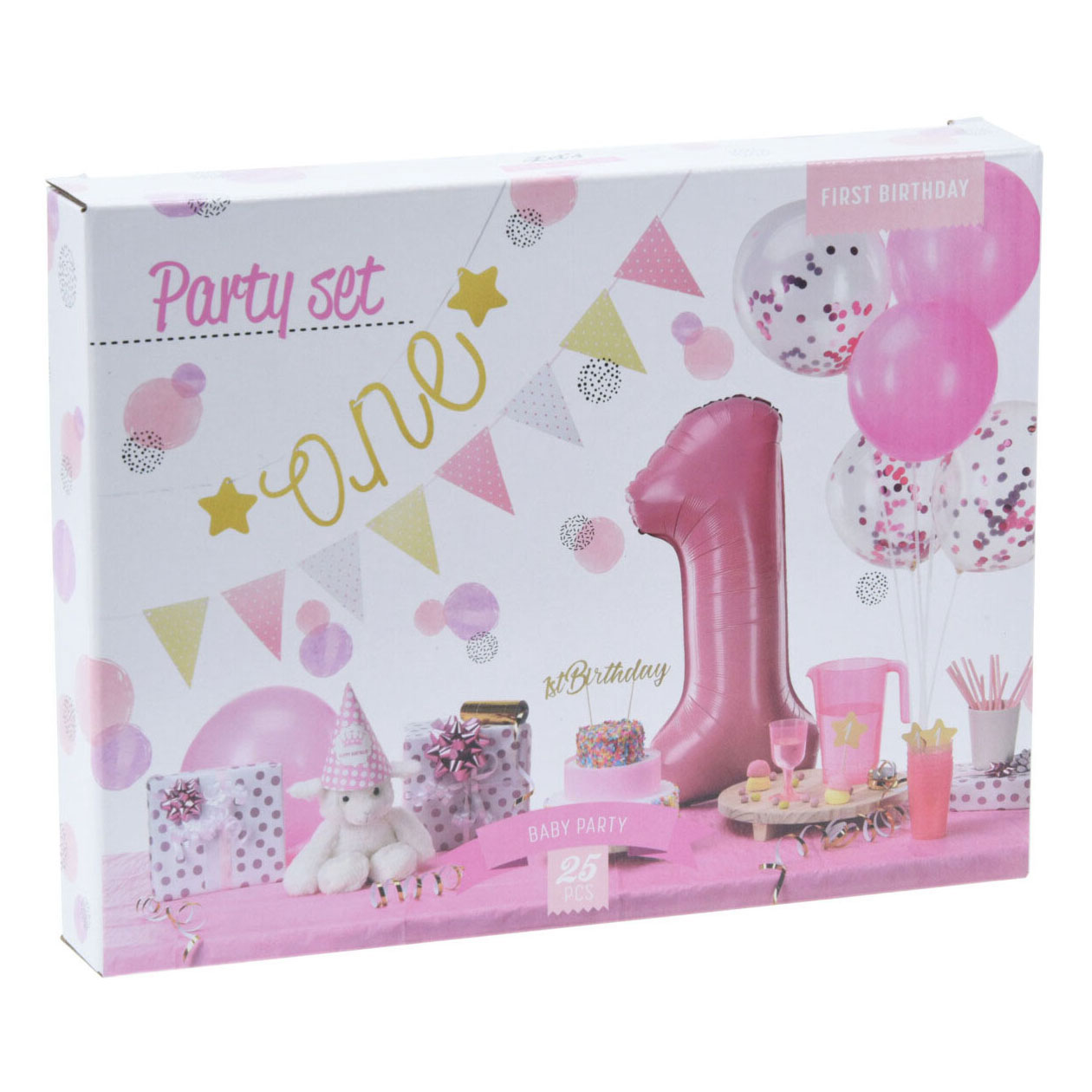 Party-Dekorationsset für den 1. Geburtstag – Rosa/Mädchen, 9-teilig.