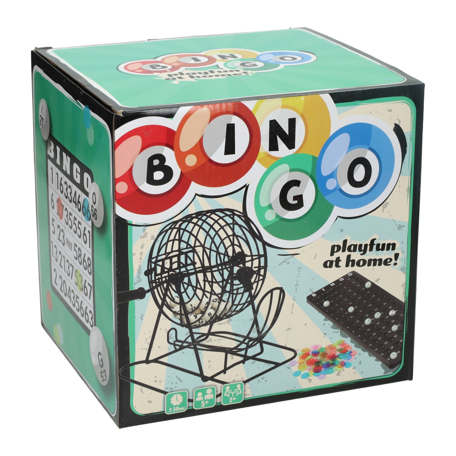 Zwarte Bingomolen met Speelbord Bingokaarten en Fiches