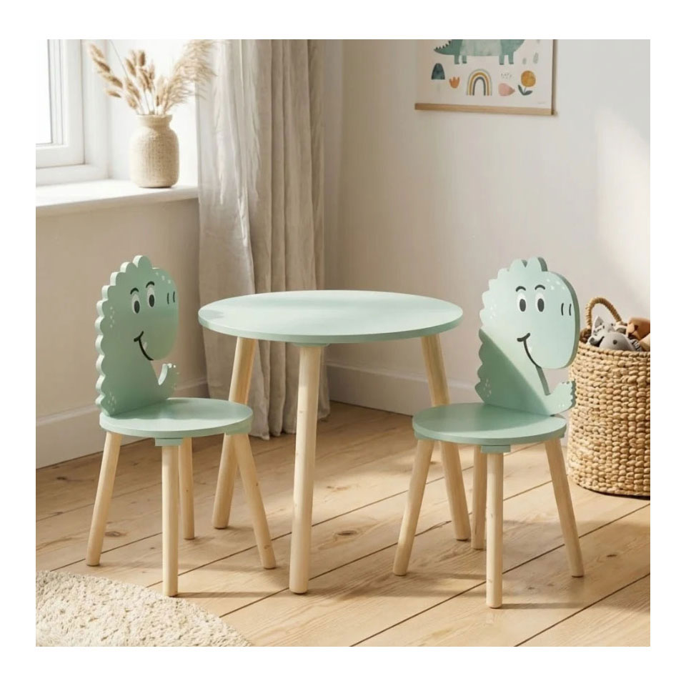Houten Set Tafeltje met 2 Stoelen Dinosaurus - Blauw