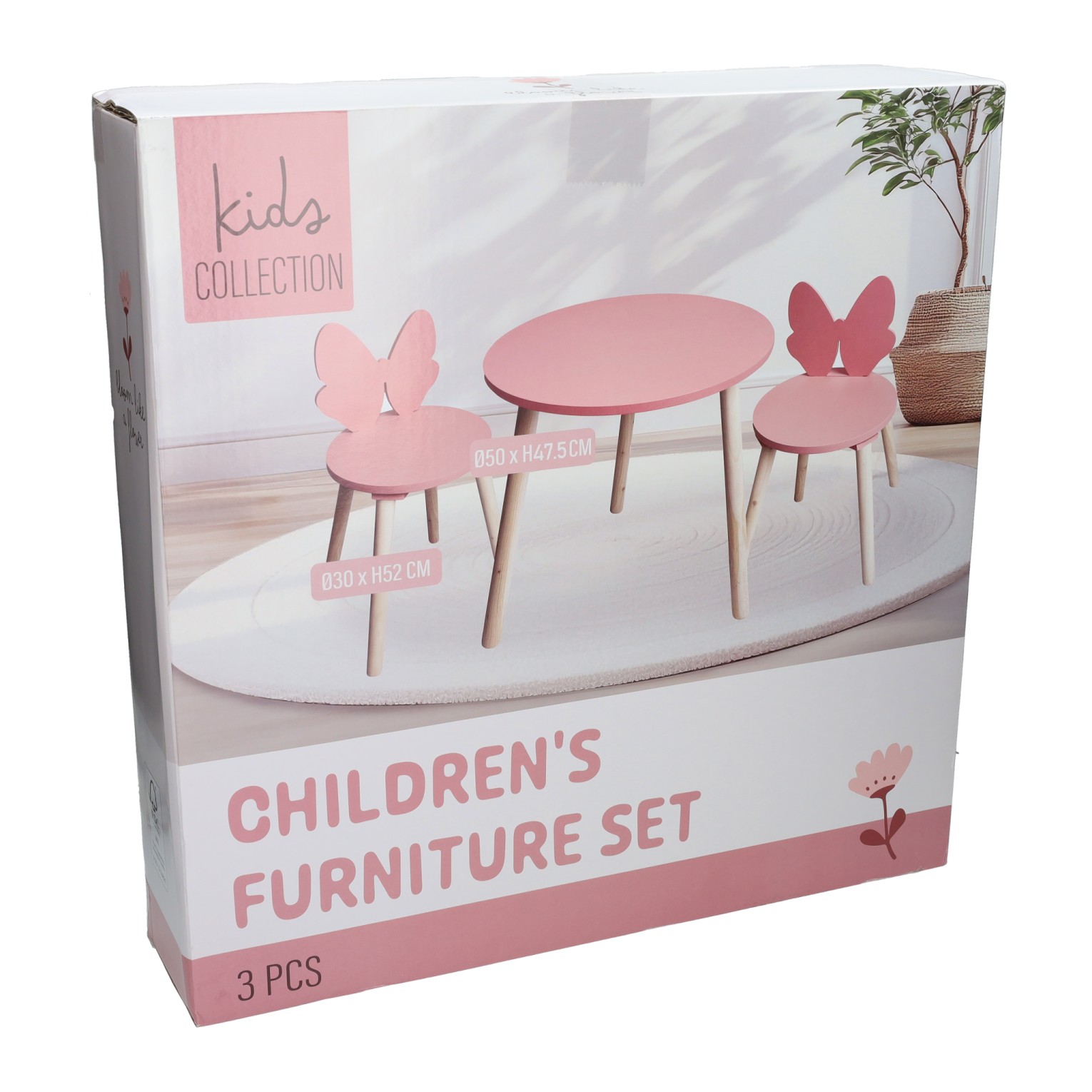 Holz-Set: Tisch mit 2 Stühlen, Schmetterlingsmotiv – Rosa
