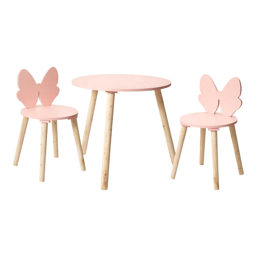 Holz-Set: Tisch mit 2 Stühlen, Schmetterlingsmotiv – Rosa