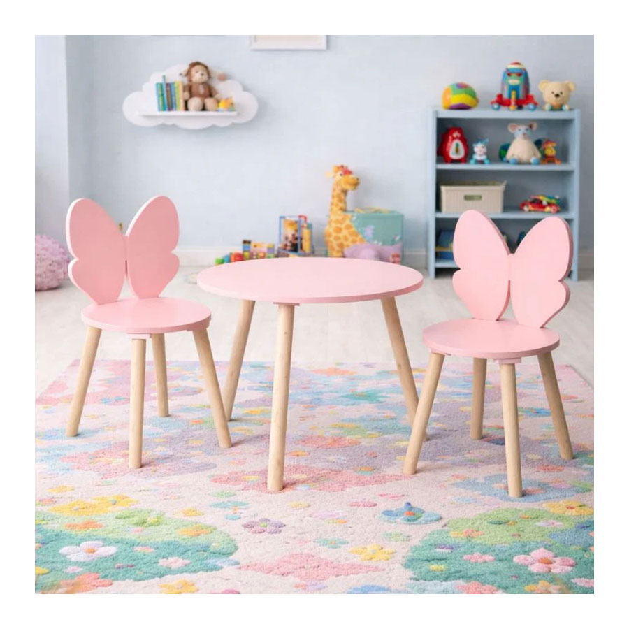 Holz-Set: Tisch mit 2 Stühlen, Schmetterlingsmotiv – Rosa