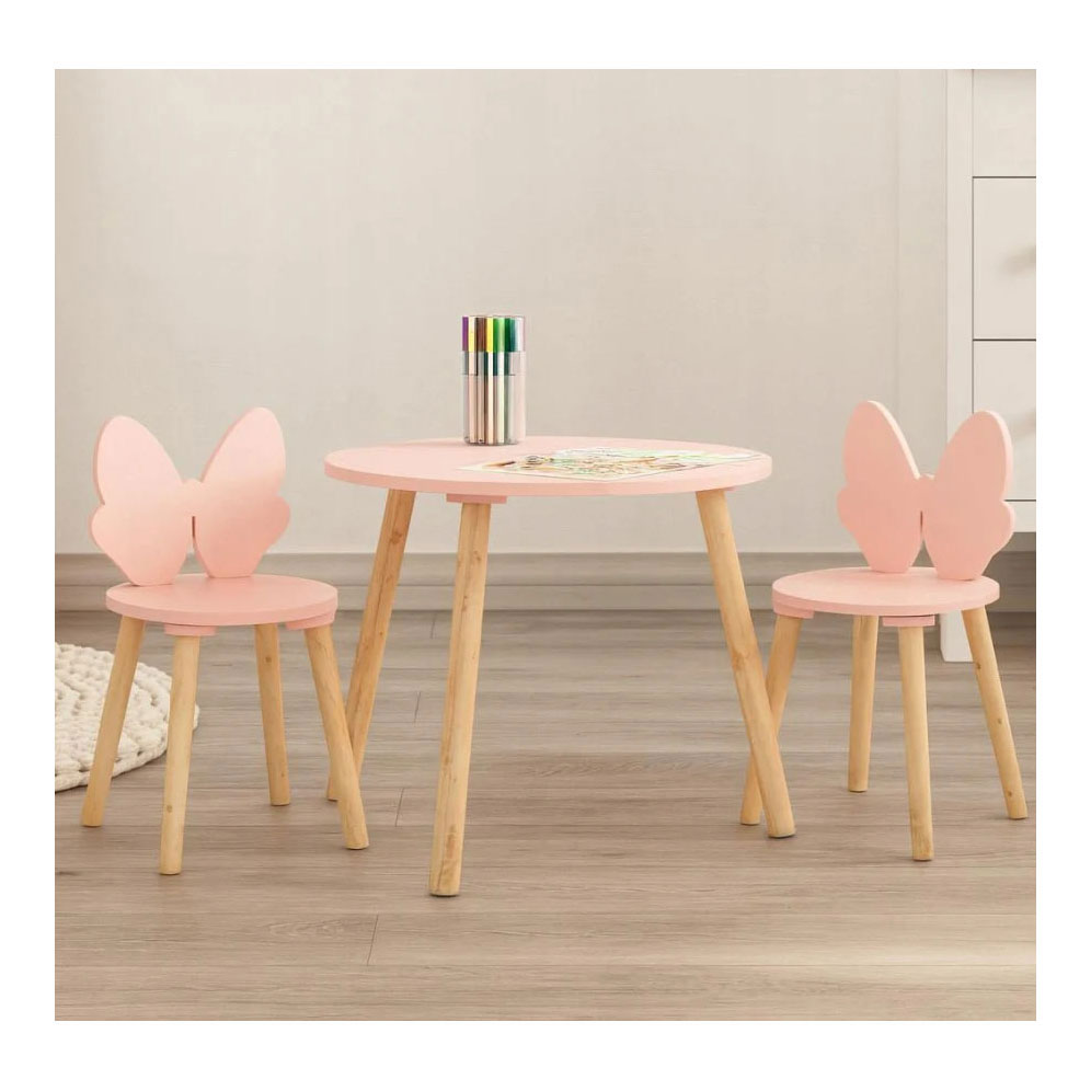Holz-Set: Tisch mit 2 Stühlen, Schmetterlingsmotiv – Rosa