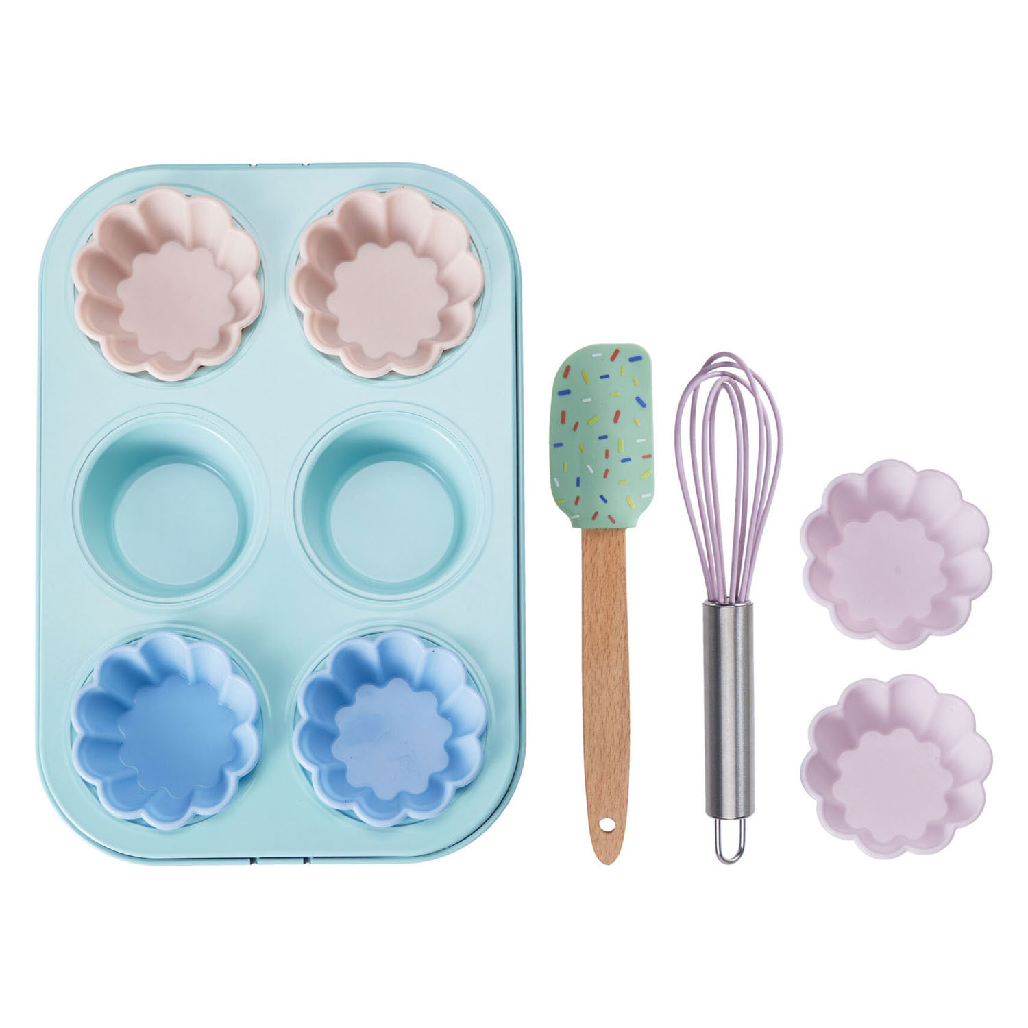 Bakset met Muffinplaat, 6 Cupcakemallen, Spatel en Garde